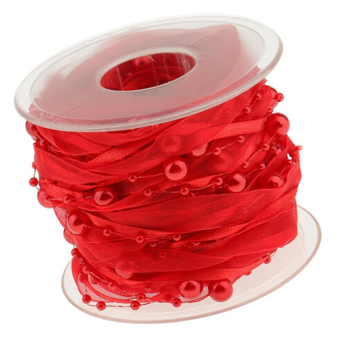 10m White Satins Ribbon Features Stylish Pearls Accessory-Red