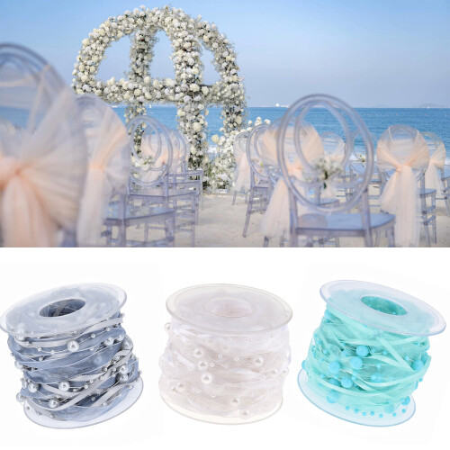 10m White Satins Ribbon Features Stylish Pearls Accessory-Red 2