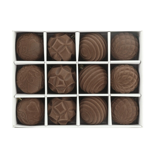 12 Pieces 8cm Flocking Christmas Decorations-dark brown