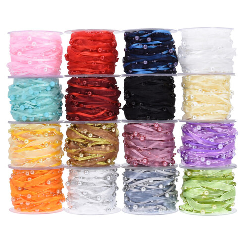 10m White Satins Ribbon Features Stylish Pearls Accessory-Red 1