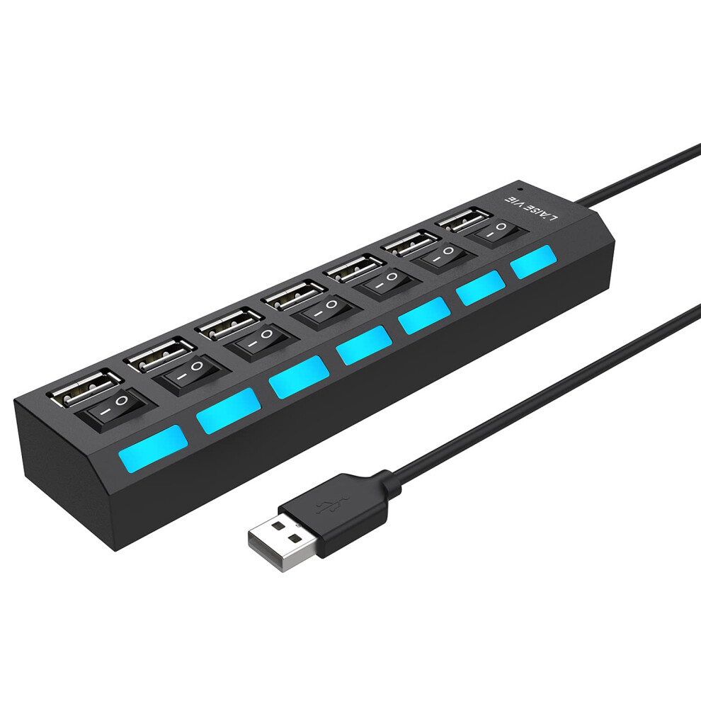 Multi Port Usb Splitter 7In1 Usb 2.0 Hub With Speed Individual On/Off Switches And Leds Black 9189345019494