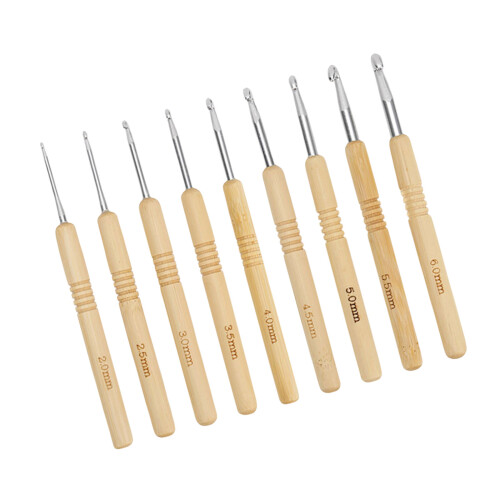 9Pcs Metal Crochet Hook to Beginner and-Bamboo handle silver