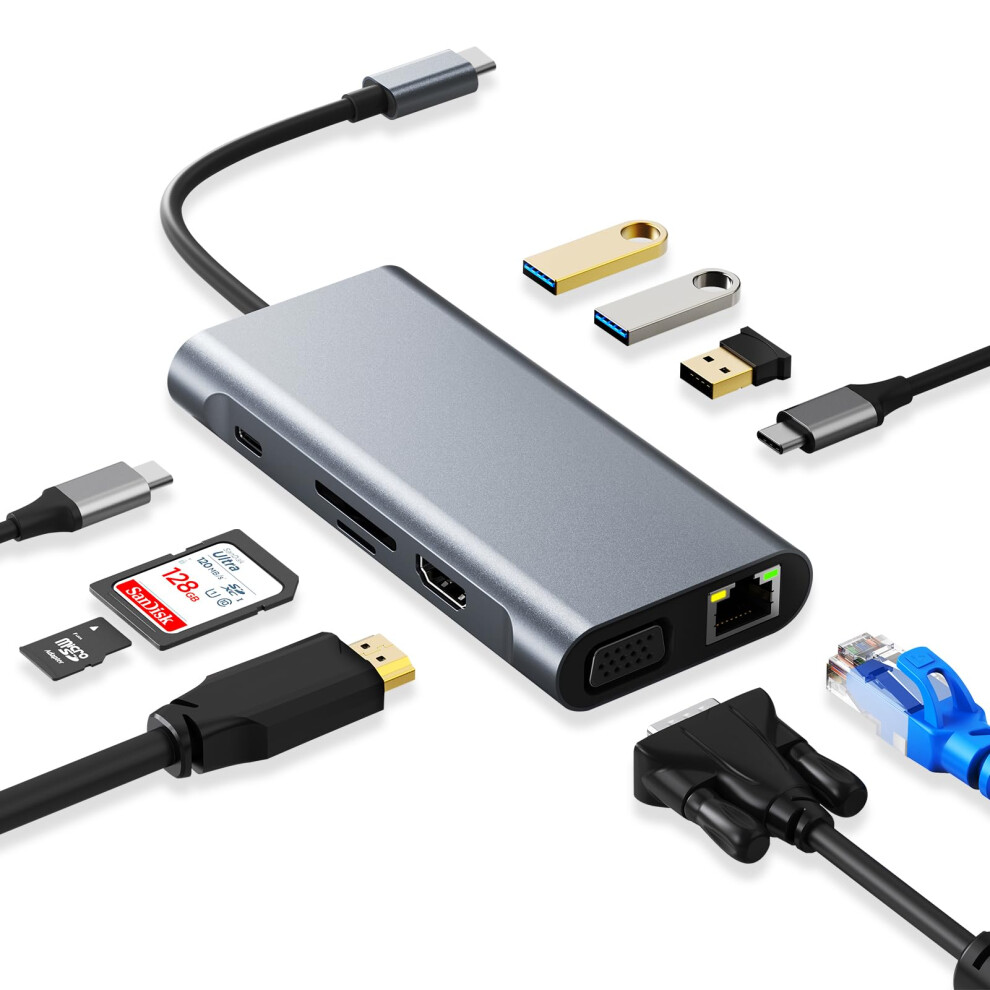 Usb C Hub 10In1 Usbc Docking Station With 4K Hdmi, Vga, Pd, Usb 3.0, Rj45 Ethernet, Sd/Tf, 3.5Mm Aux, For Macbook Pro/Air 9189345019876