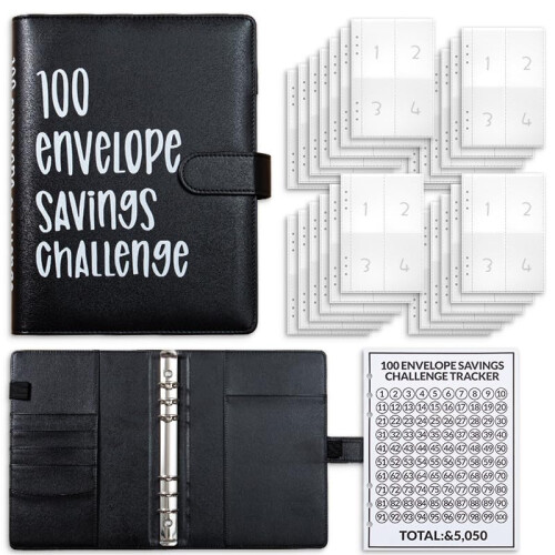 Money Saving Budget Planner, 100 Envelopes A5 Money Saving Folder (Black)
