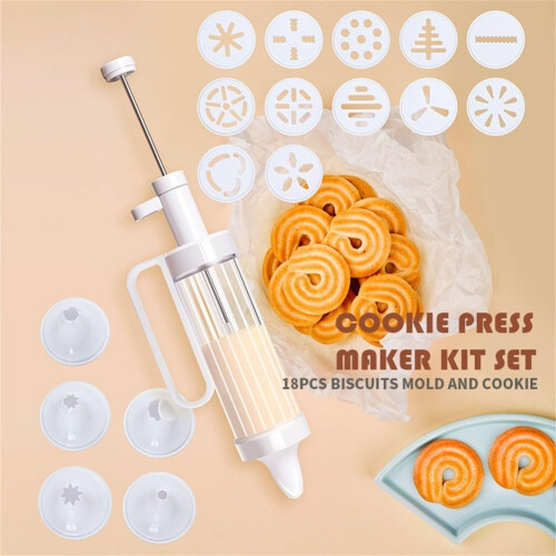 Cookie Decorator Kit 18Piece Cookie Decorating Set With Maker Machine, Tips, Disks For Bakers 1