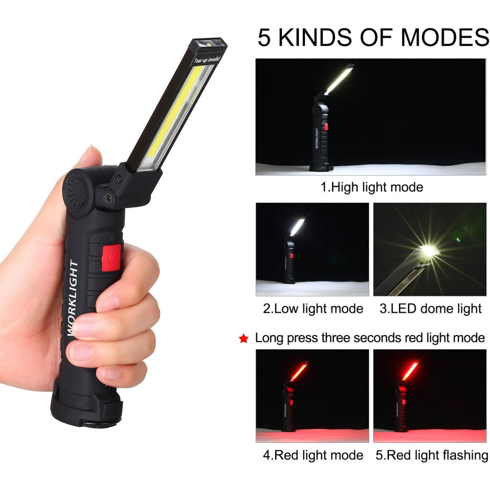 Emergency Light, Portable Work Light With 360 Degree Rotation And Hook, Rechargeable Battery, 5 Lighting Modes, Cob Led Strip Light For Mechanic, 9128293347211