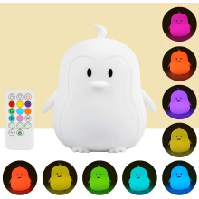 Incantevole luce notturna a forma di pinguino, in silicone, con 9 colori tenui, portatile, ideale per bambini, con guida alla respirazione