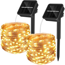 Cordão de luzes solares de alta qualidade e confiáveis, pacote com 2 unidades, 10 m, 100 LEDs, fio de cobre branco quente, à prova d'água, para