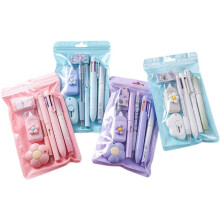 Learning stationery set, including gel pen, highlighter, ballpoint pen, eternal pencil, correction tape, eraser, letter paper set