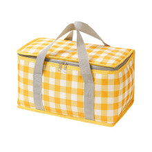 Picnic Basket Large Capacity Insulated Cooler Bag For Outdoor Travel And Beach Yellow Plaid Grocery Shopping