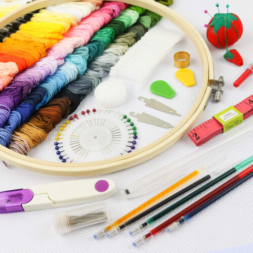 Κιτ κεντήματος DIY για αρχάριους, χρωματιστές κλωστές και ρυθμιζόμενοι κρίκοι, 1