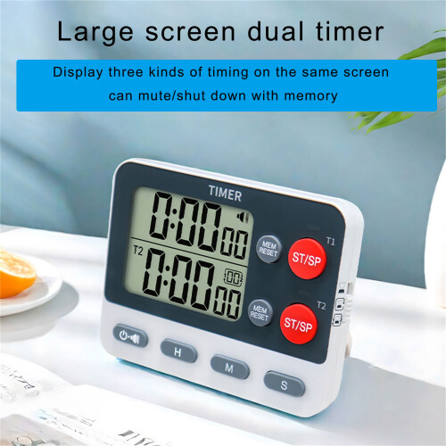Kitchen Double Channel Timer with Adjustable Alarm and Large 1