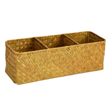 Elegant Sea Grass Desktop Storage Box Three Grids with-Orange