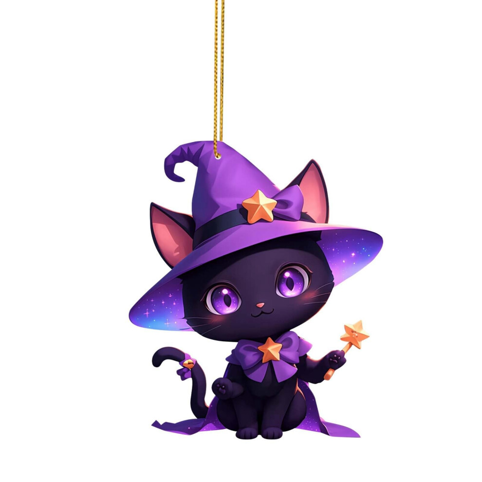 Halloween Cat Pendant Car Rear View Mirror Ornament, 2D Witch Cat, Car Interior Decor, Size 8X8x1 Cm 9189345024153