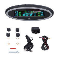 Reifendruckkontrollsystem mit LCD-Farbdisplay, Echtzeit-Druckmessung, solarbetriebener Betrieb, Reifentemperaturmessung und hoher Präzision.