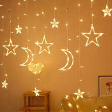 (As show, One size) 5m 138LED Waterproof Star Moon Shape LED Light String Window Curtain Lamp for Indoor Chris