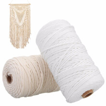 Multi-purpose Macrame Cord, Soft Durable Natural Cotton Fiber, Easy to Work With Eco-friendly Rope for Creativity (200m, White, Natural Beige)