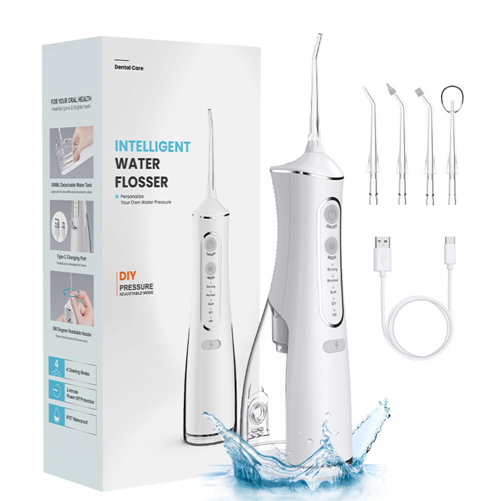 White Wireless Oral Irrigator With 4 Modes 4 Nozzles, 300Ml Usb Rechargeable Water Flosser, Ipx7 Dental Water Jet For Travel Home (White)