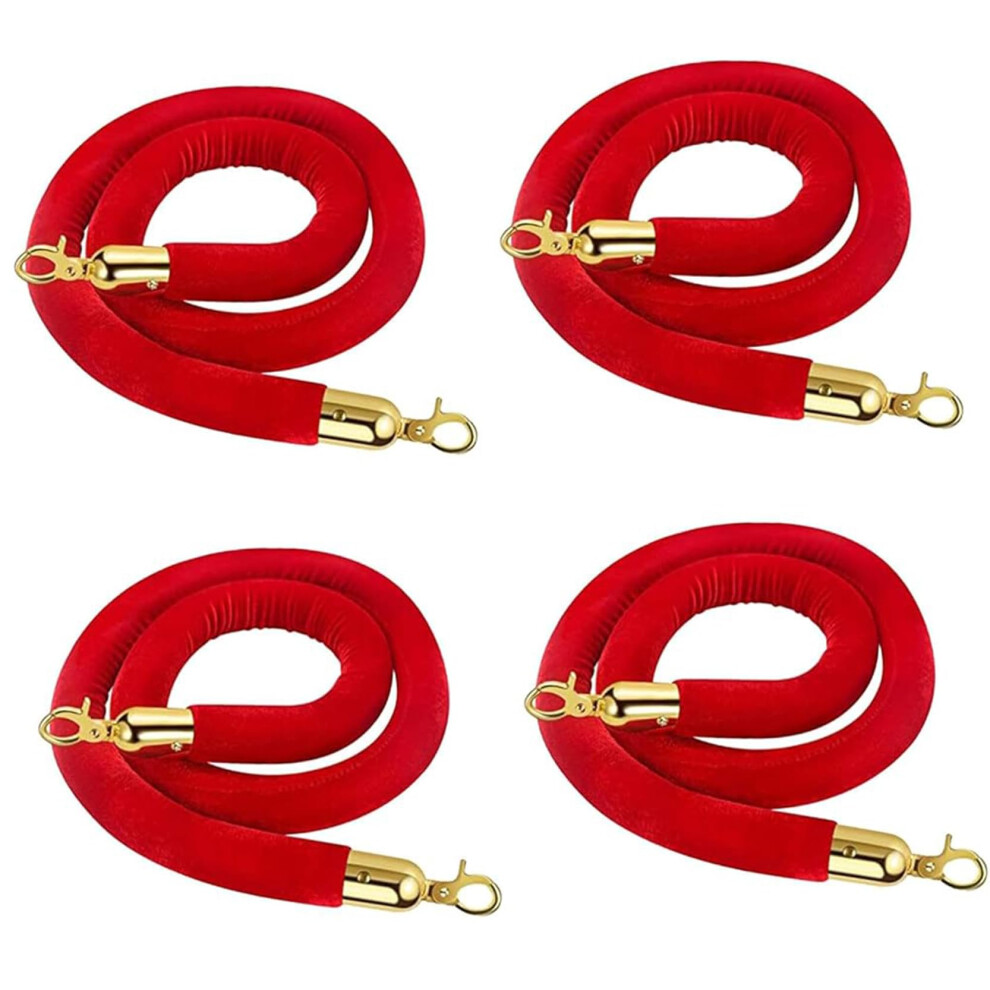 Red Velvet Stanchion Rope Crowd Control Rope Stanchion Queue Barrier Hanging Vip Rope With Glod Hooks 3.3Ft 100Cm 4 Pack 9189345027437