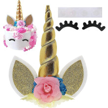 (As show, One size) Unicorn Cake Topper with Eyelashes Gold Unicorn Horn, Ears and Flowers for Birthday Wedding Baby Shower Party Cake Decoration