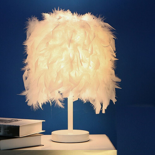 Modern Solid Wooden Base Lamp, Ostrich White Feather Shade for Desk Dining Table, Soft Texture Ensures No Feather Falling 1