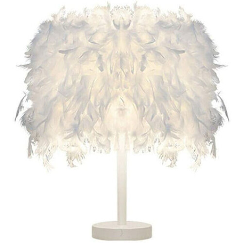 Modern Solid Wooden Base Lamp, Ostrich White Feather Shade for Desk Dining Table, Soft Texture Ensures No Feather Falling