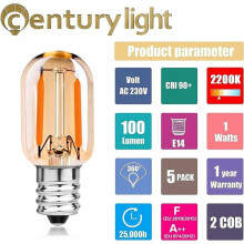 Lâmpada de filamento LED para forno de micro-ondas, lâmpada para forno de micro-ondas E17, lâmpada LED T22 1W 2200K branco quente, vidro âmbar,