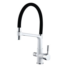 Kitchen Sink Faucet with Black Silicone Hose, Solid Brass Dual Handle Hot Cold Mixer Tap with Water Filter, White