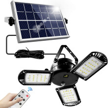 Lampe solaire utilisable en journée, suspension de sécurité avec télécommande, installation facile pour abris de jardin, parkings et stades.