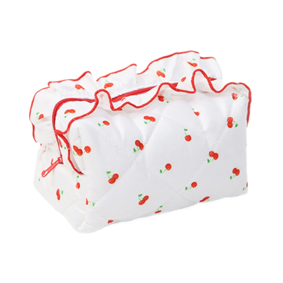 Quilted Cosmetic Bag, Toiletry Bag with Ruffles and Floral Pattern, Travel Makeup Bag for Women White