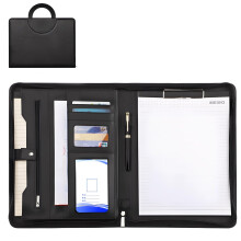 Black leather portfolio with handle, A4 document organizer with zipper, multiple compartments, business folder for conferences, 24.9 x 33.3 x 3.8 cm.