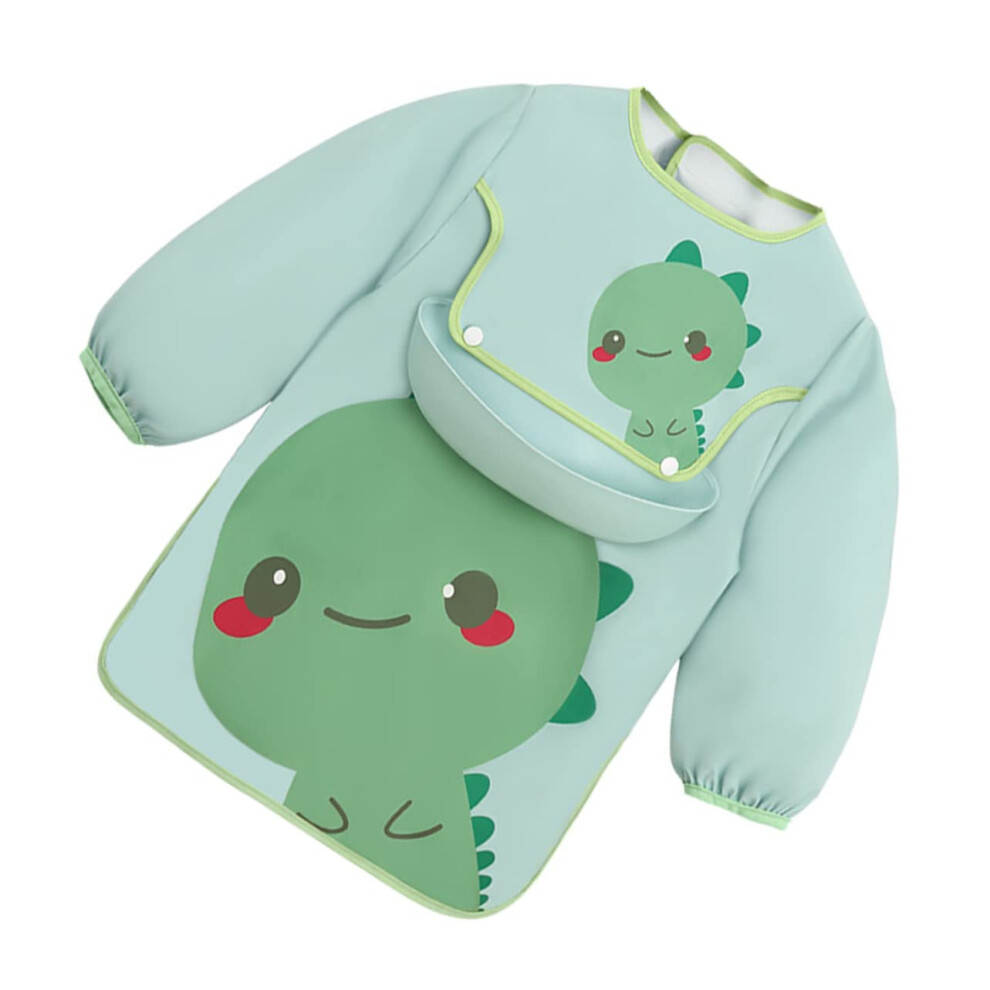 Bib Apron For Feeding Infant Smock For Meals Long Sleeve Artificial Smock Cartoon Aprons Products Smock Made Of Polyester 59X40x1cm Green