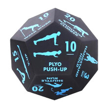 Workout dice, fitness exercise game for strength, cardio, stretch, 12x10x10cm, for women, men, kids, fun blue.