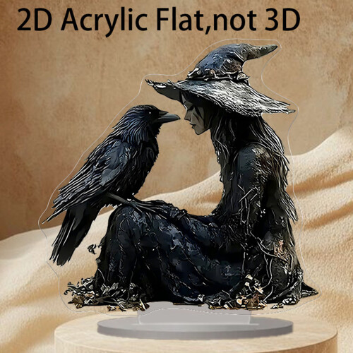 2D Flat Acrylic Halloween Witch Crow Sculpture Desktop Sign Home 2