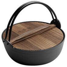 Traditional Sukiyaki Pot, Enamelled Cast Iron Casserole with Wooden Lid for Camping Cooking, 29 cm, A, 25 cm