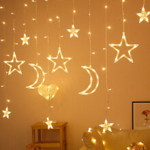 Romantische LED-verlichting voor binnen- en buitendecoratie, gordijnkerstverlichting met 8 knipperstanden en maan- en sterreneffect, USB-voeding,
