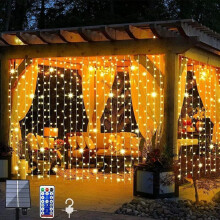 Kerstgordijnverlichting, verbeterd zonnepaneel 3x3 meter, warm wit, bediening met afstandsbediening, instelbare helderheid voor binnen- en