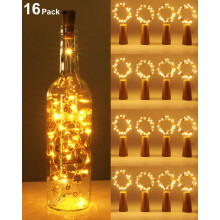 Elegante Lichterkette mit Korkenmuster für Weinflaschen, 16er-Pack, batteriebetrieben, silberfarben, warmweiß, dekorativ, für Partys, Hochzeiten