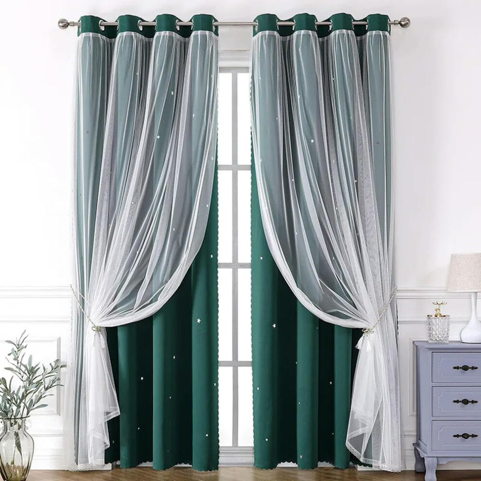 Star Blackout Curtains Double Layer Sheer Overlay Kids Room Decor Princess Pink Dark Green W100cm X H130cm 1Pc Pink,Green