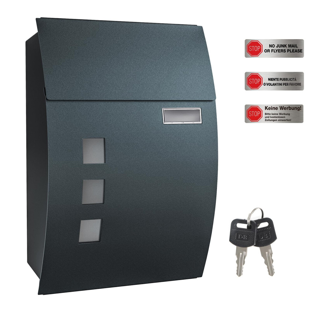 Gmb030g02 Wallmounted Letterbox With Viewing Window, Space For Names, 2 Keys, Grey Anthracite Charcoal 9412369129628