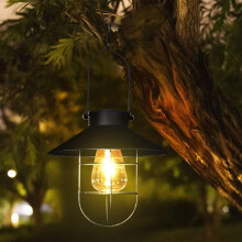 Luminária de jardim externa, lanterna suspensa de metal com energia solar e lâmpada Edison à prova d'água para iluminação de caminhos,