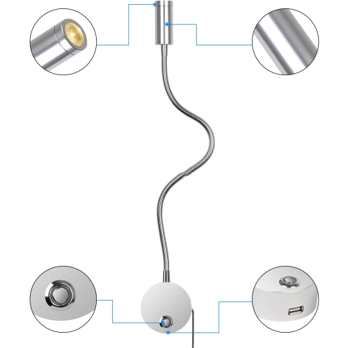 Φως LED με θύρα φόρτισης USB, εύκαμπτο φωτιστικό ανάγνωσης τοίχου με λαιμόκοψη, 2