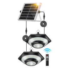 Luminária solar pendente para uso interno e externo, iluminação solar para galpão com sensor de movimento e controle remoto. Possui 5 modos de