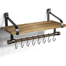 Multi-Functional Floating Shelf, Solid Wood Wall Mount With Hooks And Towel Bar For Rustic Style Kitchen Or Bathroom, Industrial Chic Design, Easy Ins