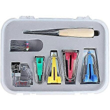(As show, One size) 16-piece bias binding tool set for sewing, quilting, punching and adjustable binding foot with case