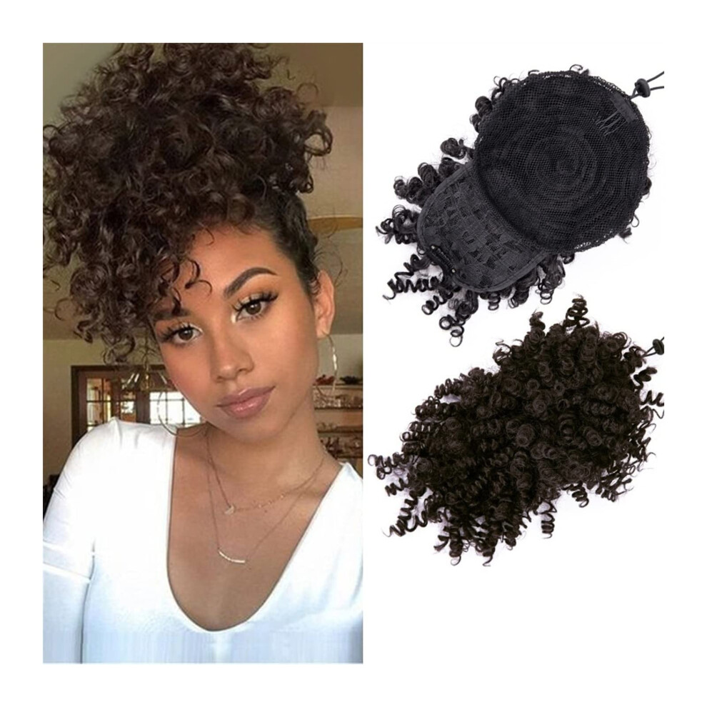 Unisex Chignon Afro Puff Synthetic Hair Bun Ponytail Drawstring With Bangs Clipin Kinky Curly 8Inch Color 2 2Piece