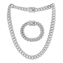 Men's Rhinestone Link Chain Set Jewelry Fashion Necklace and Bracelet Alloy Texture Gift for Fashion Silver1