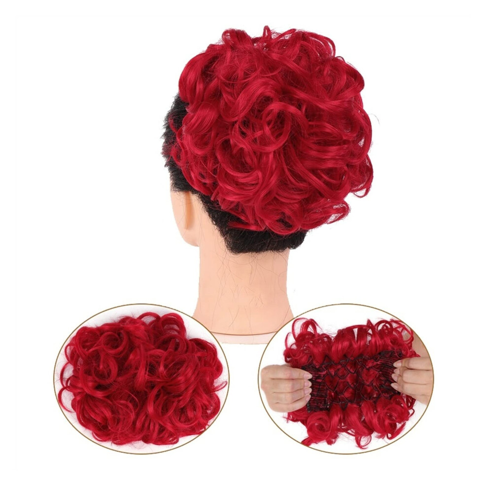 Unisex Red Bun Hairpiece Clipin Ponytail Extensions For Women, Synthetic Updo Hairpiece, Messy Curly Bun,