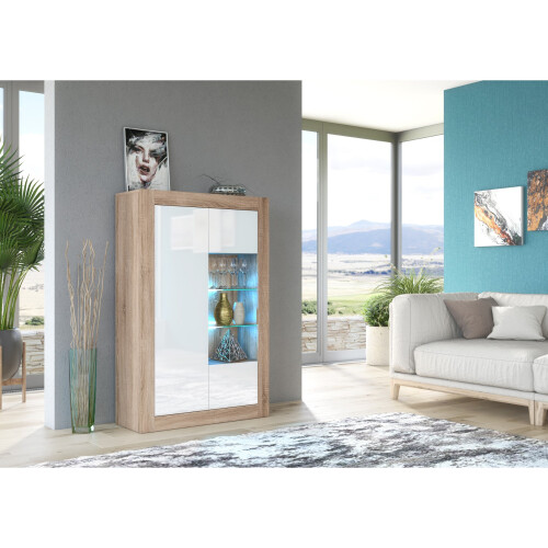 Display Cabinet 140cm Arcadia - Oak & White Gloss Doors and LED Lights 1