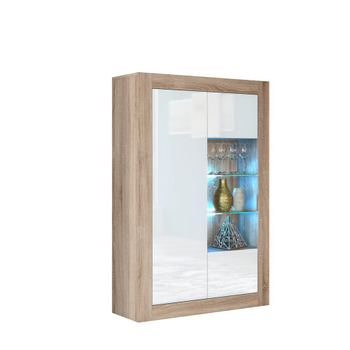 Display Cabinet 140cm Arcadia - Oak & White Gloss Doors and LED Lights 2
